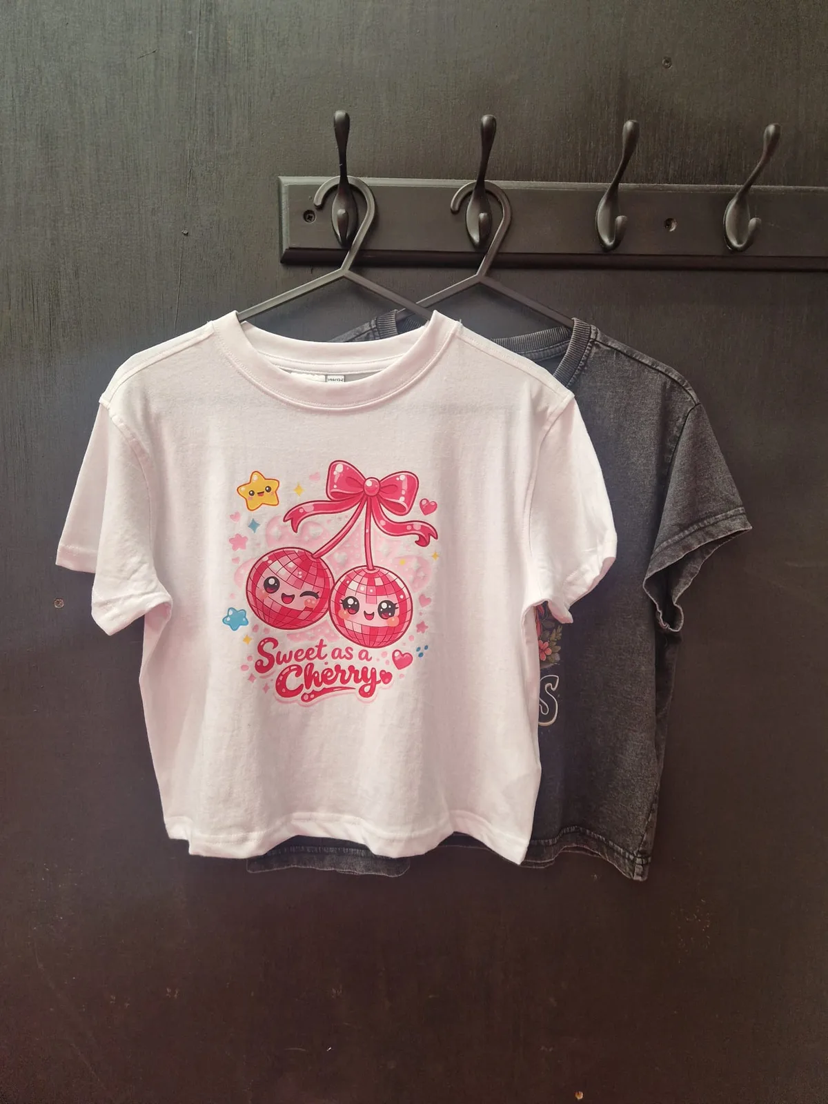 White t-shirt with pink Sweet Cherry graphic