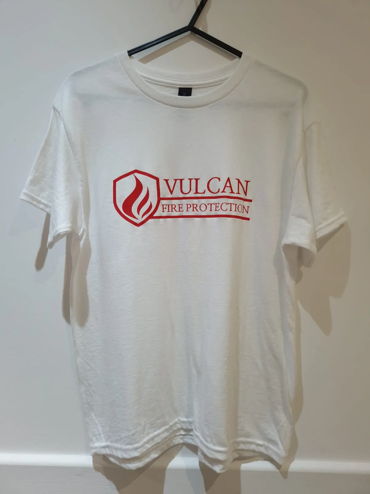 White t-shirt with Vulcan Fire Protection chest logo